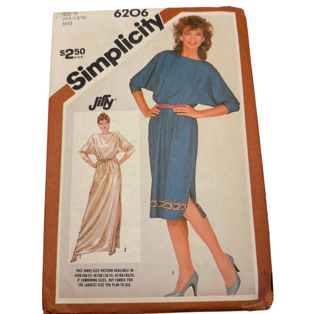 Simplicity 6206 Misses Jiffy Dress Sewing Pattern 10-12-14 Uncut Vintage 1983